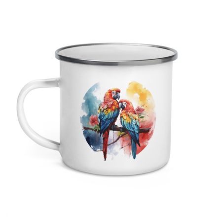 Enamel Mug, Parrots perching romantically, watercolour, h3l8qr