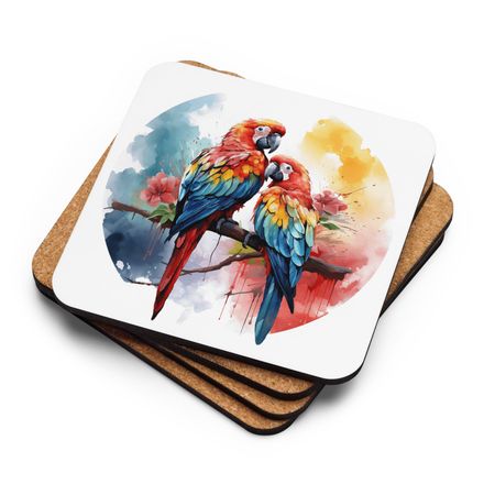 Cork-Back Coaster, Parrots perching romantically, watercolour, h3l8qr