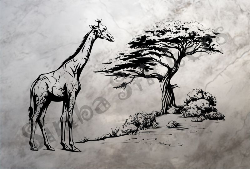 Giraffe heading towards a tree in the Savanna, outline art