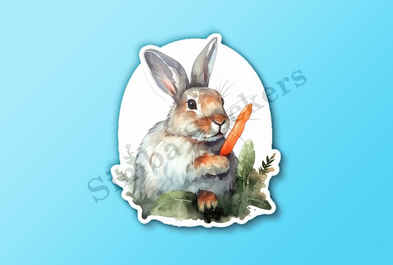 Rabbit holding a carrot, watercolour