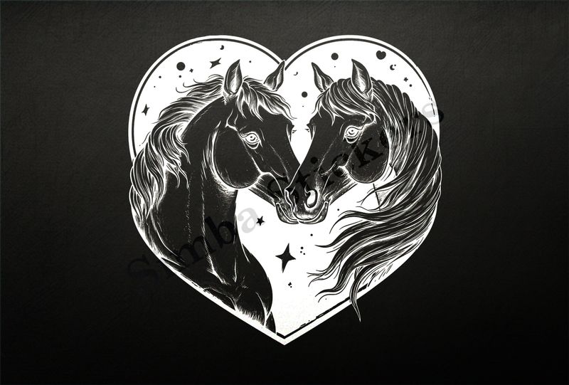 Horses nose-to-nose, both white, in a heart, outline art