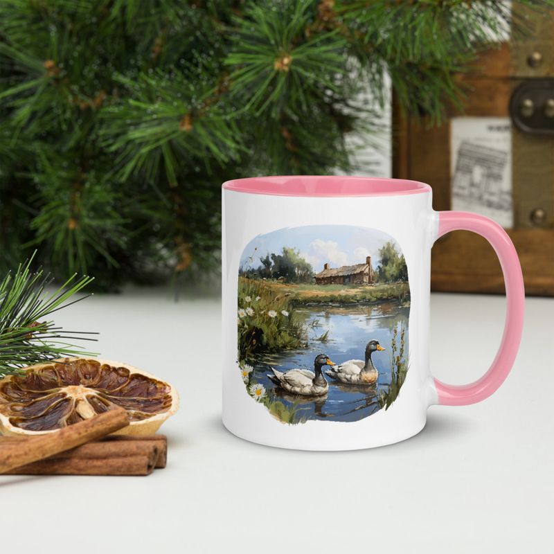 White Ceramic Mug with Color Inside, 11 &amp;15oz, Ducks in love swimming in farmhouse pond 
