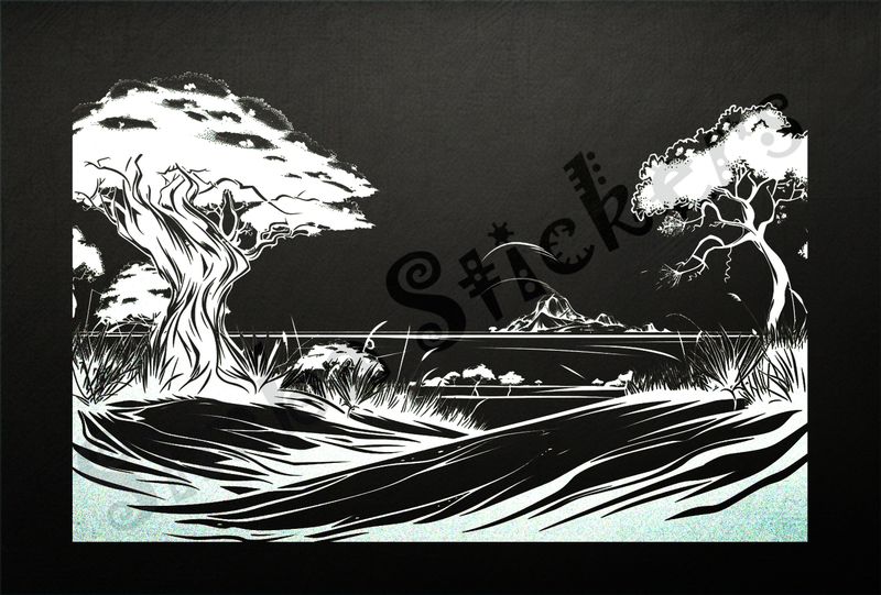 African Savanna landscape, hills in background, outline art