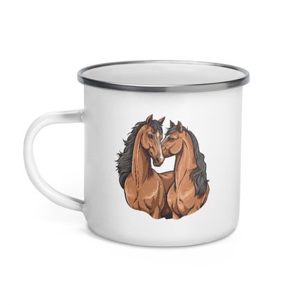 Enamel Mug, Cattle, Two brown horses snuggling, tdwcyd