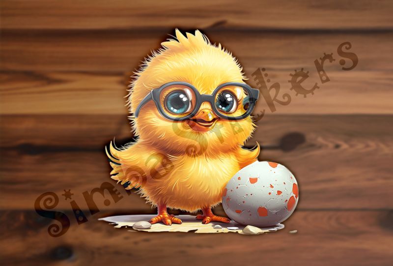 Chick in glasses standing next to small egg