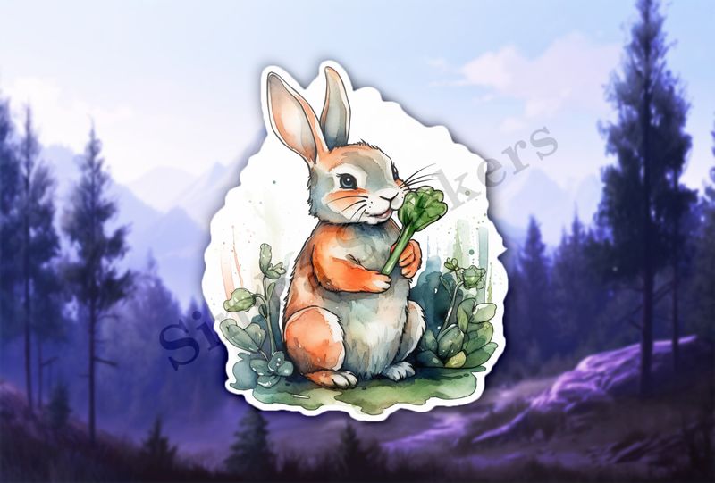 Rabbit holding leafy greens, watercolour