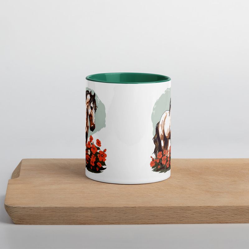 White Ceramic Mug with Color Inside, 11&amp;15oz, Brown horse in field of red flowers, n4w2fj