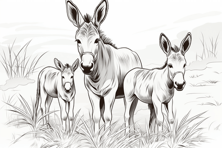 Colouring pages, bundle of donkeys with children, 25 images
