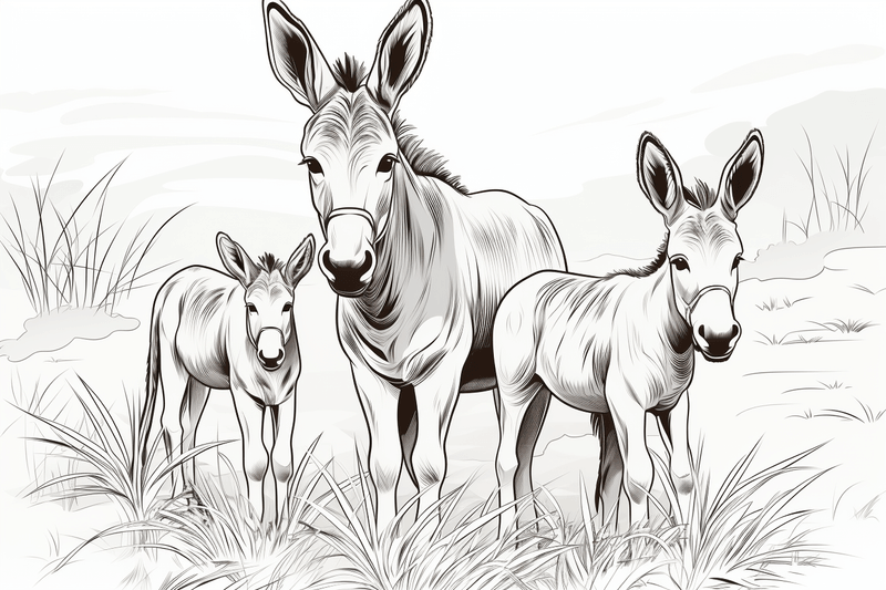 Colouring pages, bundle of donkeys with children, 25 images