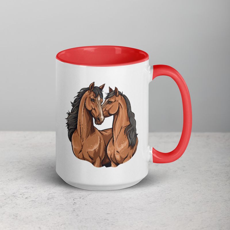 White Ceramic Mug with Color Inside, 11&amp;15oz, Two brown horses snuggling, tdwcyd
