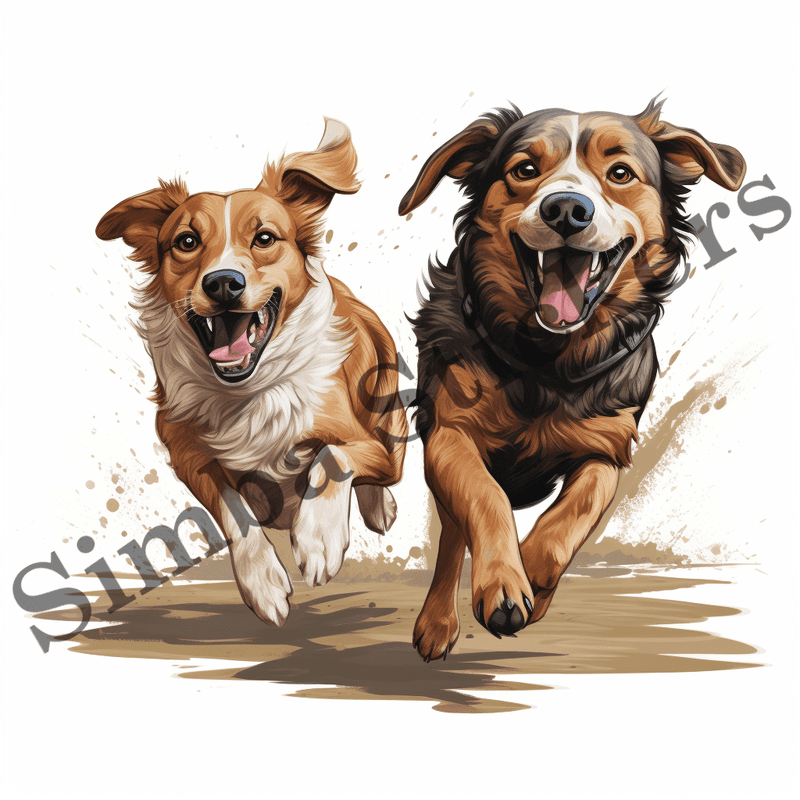 Dogs running, chasing each other, watercolour, image set, 10 images