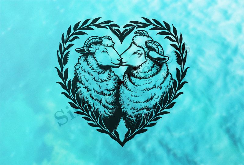 Sheep in love, in hear-shaped wreath, outline art
