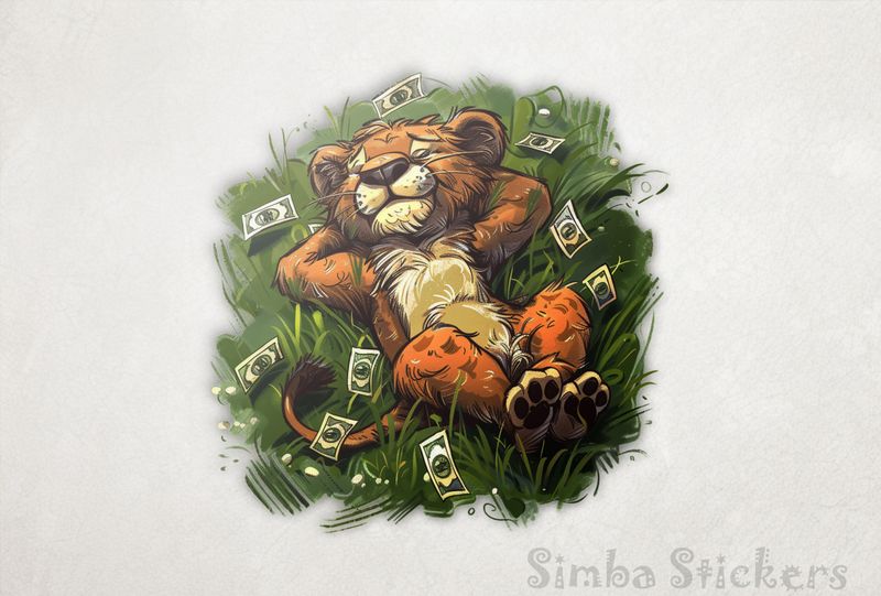 Simba Lion cub lying in satisfaction on grass with money around, uqhqc8