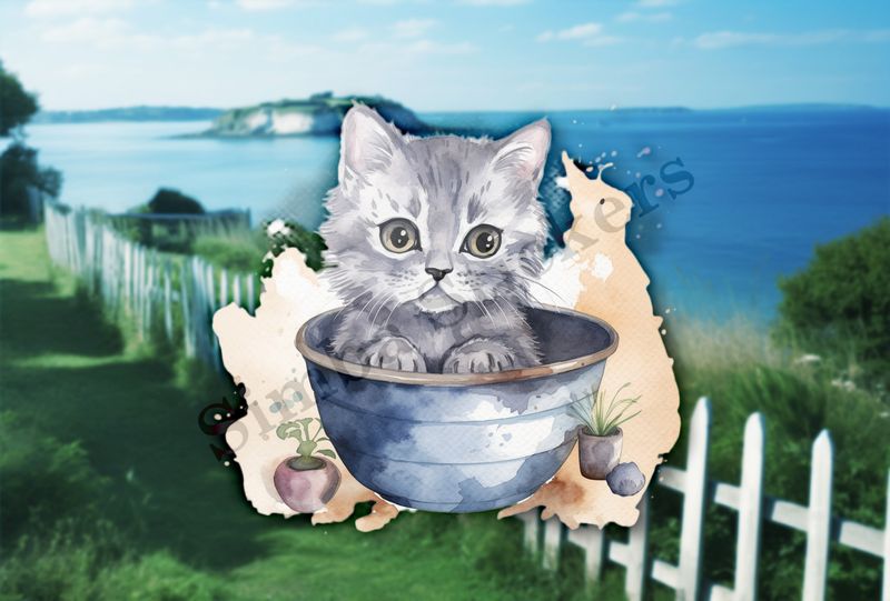 Kitten cat in bowl, watercolour