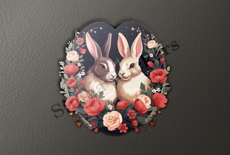 Rabbits in love amongst flowers, black background