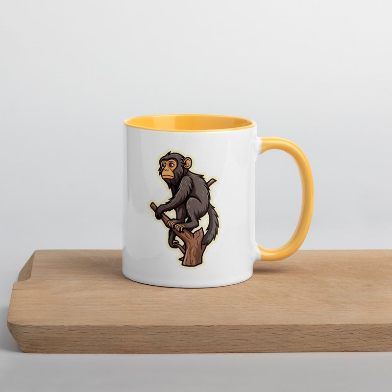 White Ceramic Mug with Color Inside, 11oz &amp; 15oz, Baboon on a tree, looking sad, head-to-head
