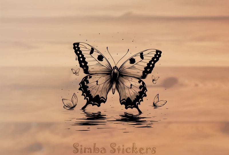 Butterfly floating above a river, outline art, nfoo3h