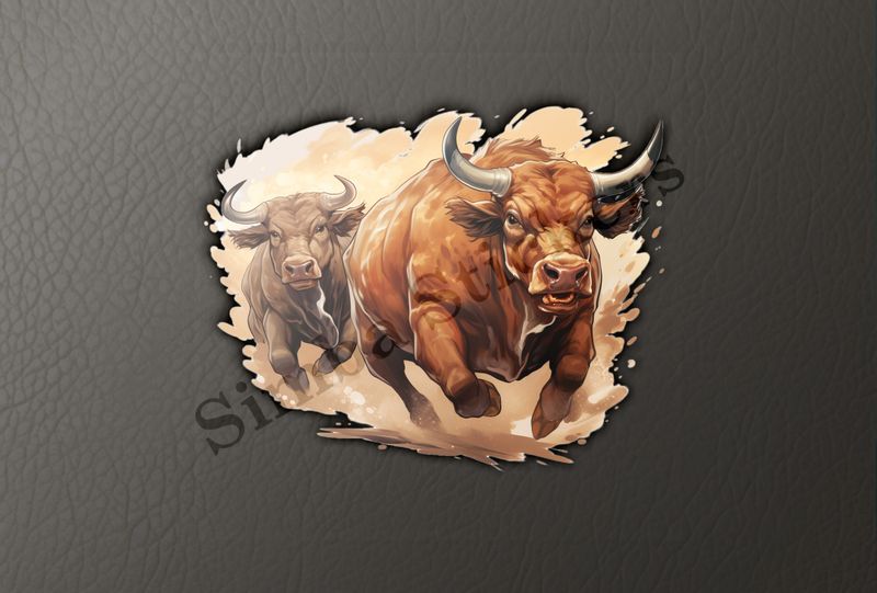 Bulls charging, 3 of them, watercolour