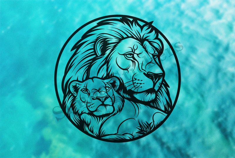 Lion with lioness cuddling, lioness leaning intolion, romantic, outline art