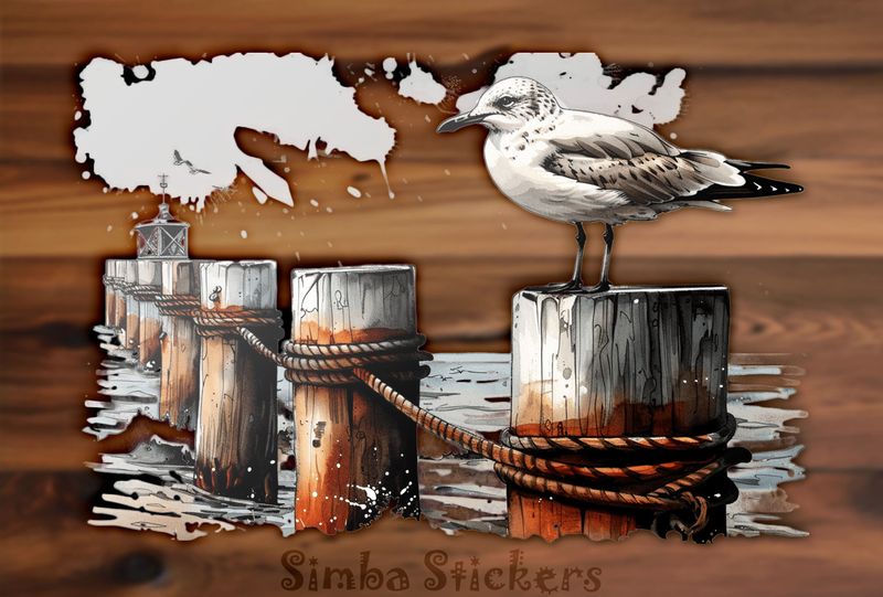 Seagulls perching on a wooden fence close to shore, watercolour, umpgms