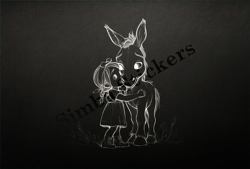 Small donkey being hubbed by a small girl outline art