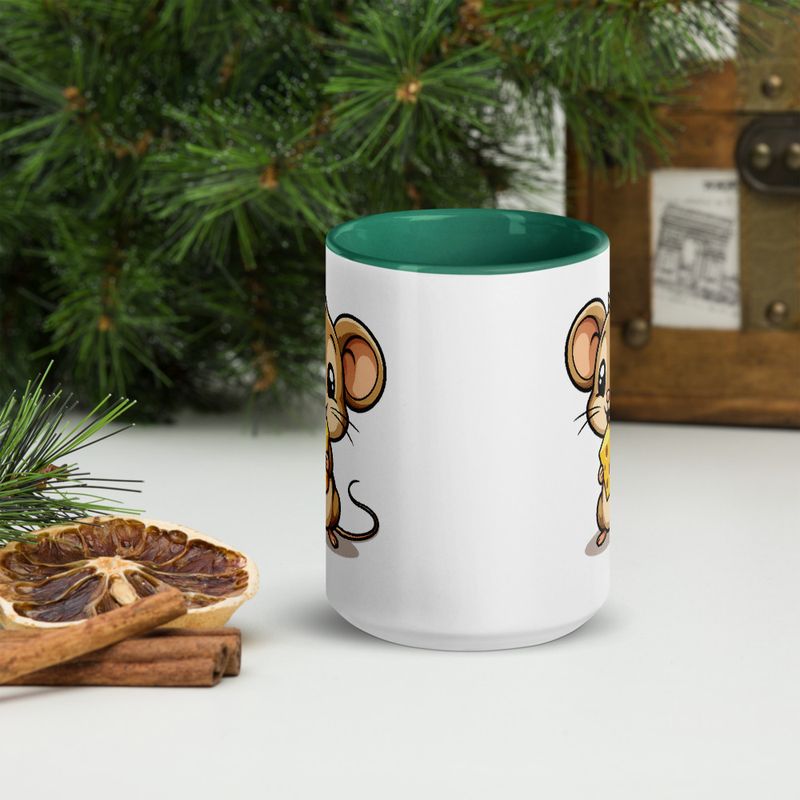 White Ceramic Mug with Color Inside,11&amp;15oz,Small Mouse happily licking large chunk of cheese,pqapy6