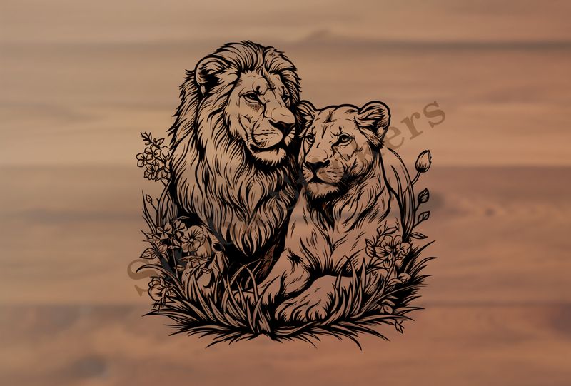 Lion with lioness, in the midst of flowers , outline art