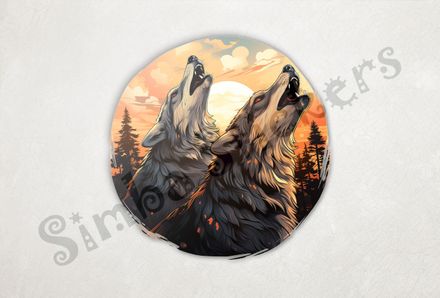 Wolves howling at the moon under dramatic sky