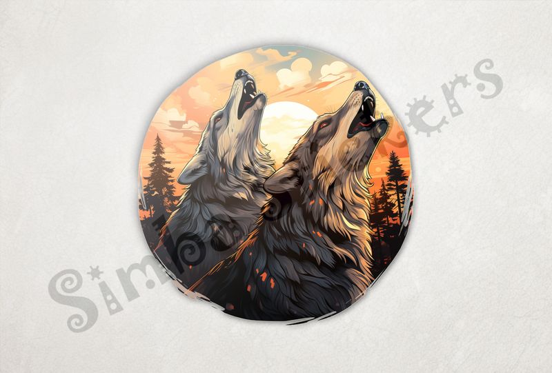 Wolves howling at the moon under dramatic sky