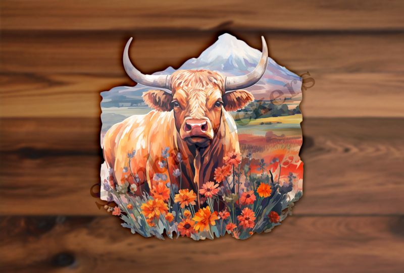 Bull in a field of flowers, mountain in background, watercolour