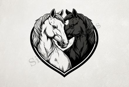 Horses in love, black and white, bust, in heart frame, outline art
