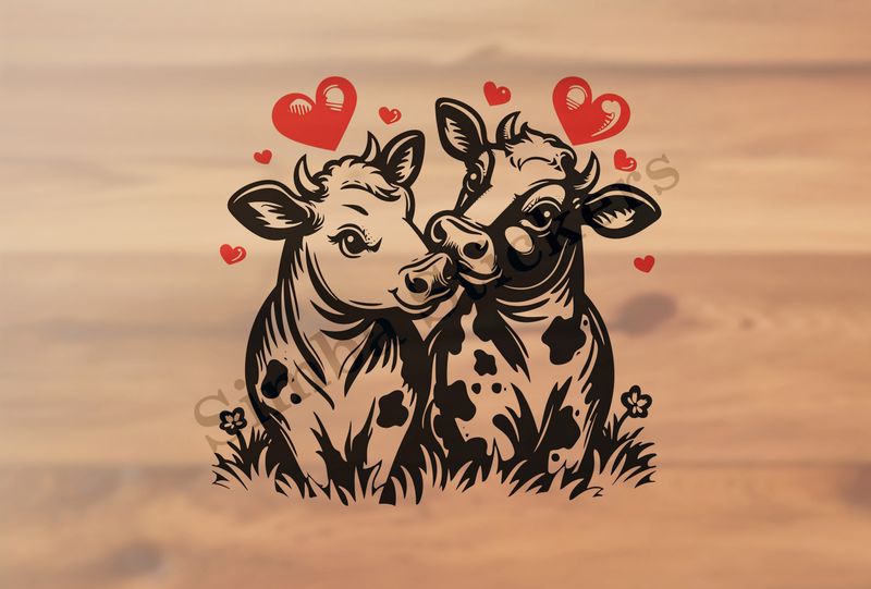 Bull and cow in love, hearts in picture, outline art