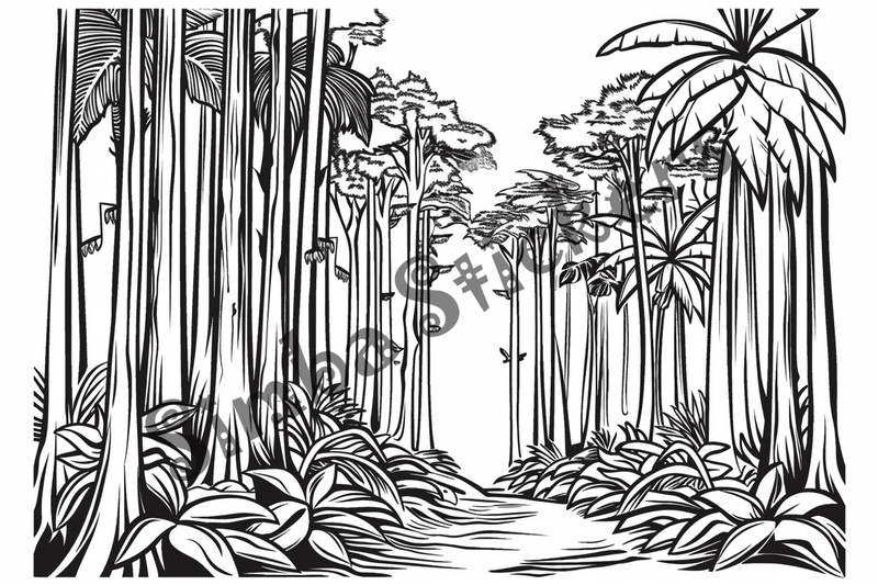 Colouring pages, bundle of Equatorial Rainforest landscape vegetation, 10 images