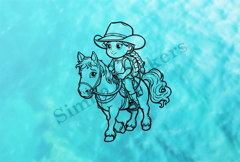 Horse being ridden by a small girl in a cowgirl hat, outline art