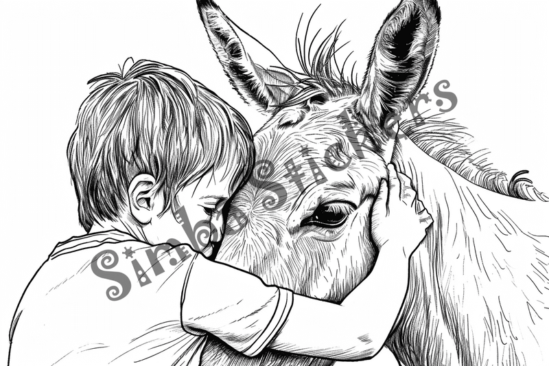 Colouring pages, bundle of mules hugged by child, 10 images