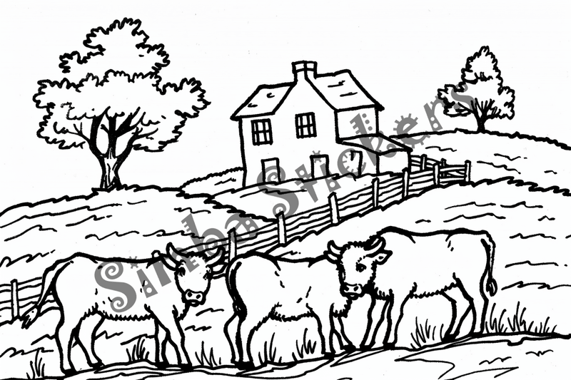 Colouring pages, bundle of cattle on beautiful farm, 10 images