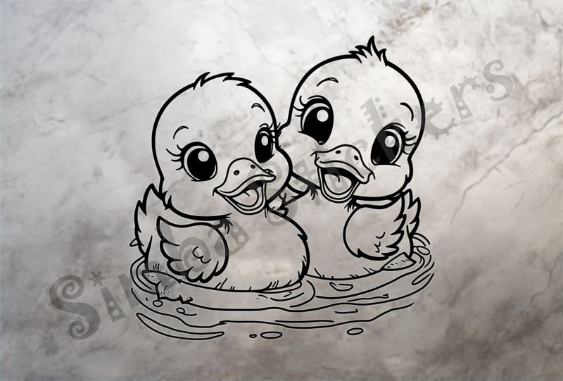 Ducklings cuddling romantically in water, outline art