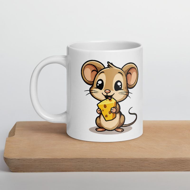 White Glossy Mug, 20oz, Small Mouse happily licking large chunk of cheese, pqapy6