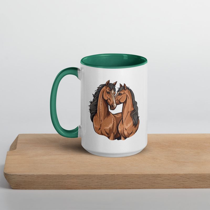 White Ceramic Mug with Color Inside, 11&amp;15oz, Two brown horses snuggling, tdwcyd