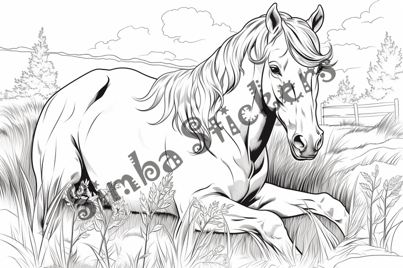 Colouring pages, bundle of horses on stomach, 10 images