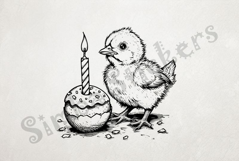Chick by birthday candle , outline art