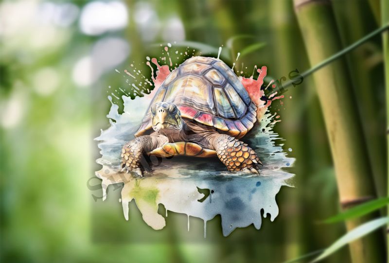 Tortoise in pool of water, watercolour