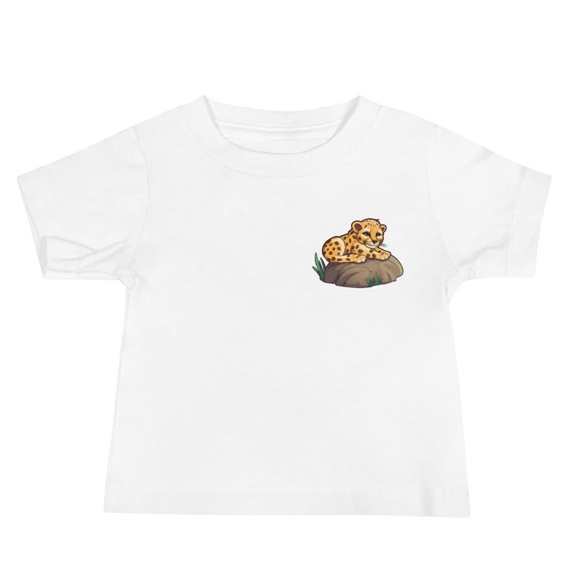 Baby Staple Tee, Baby cheetah on a rock, left chest