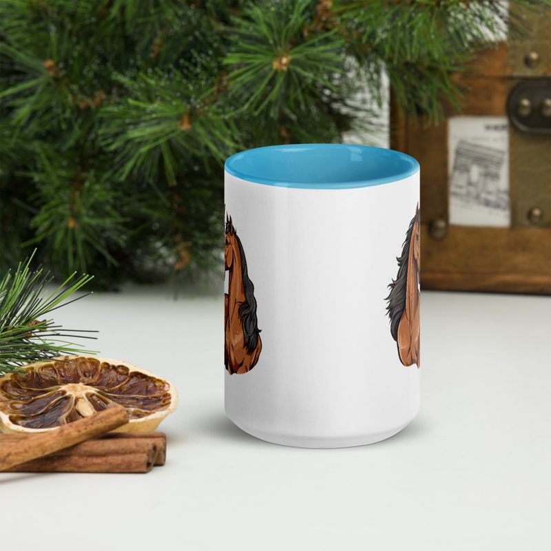 White Ceramic Mug with Color Inside, 11&amp;15oz, Two brown horses snuggling, tdwcyd