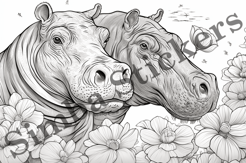 Colouring pages, Bundle of hippos in love, 10 images