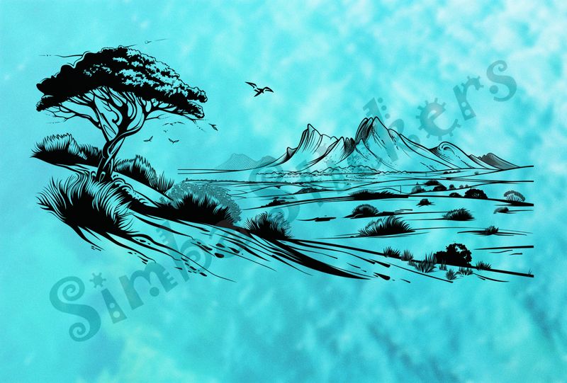 African Savanna landscape, low shrubs in middle, outline art