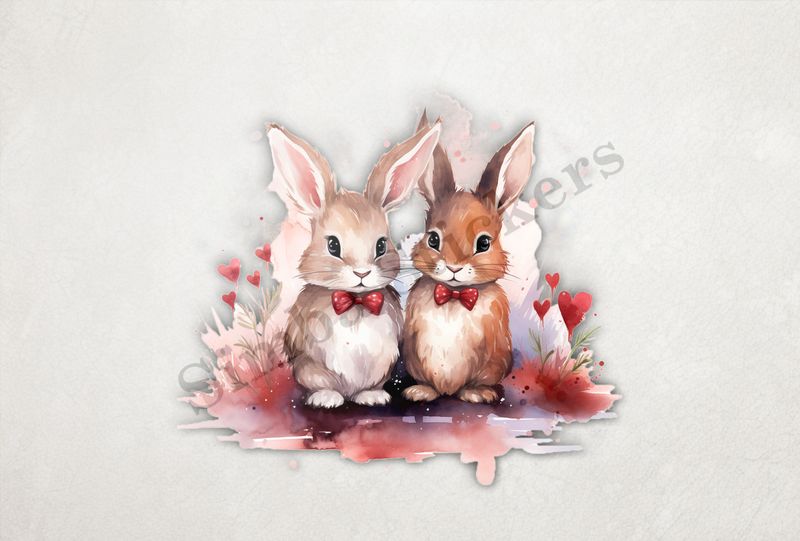 Bunnies with bowties in love, watercolour