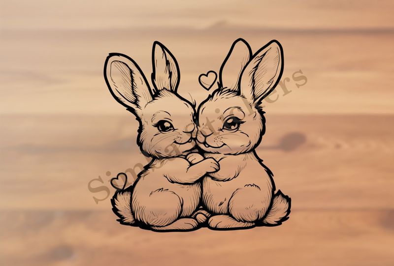 Rabbits in love, cheek-to-cheek,  outline art