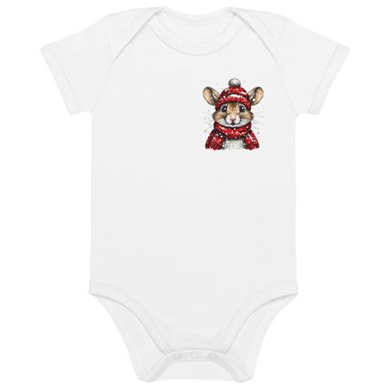 Organic Cotton Baby Bodysuit, 3-18 months, Mouse wearing red winter hat and scarf, xg8dl3,left chest