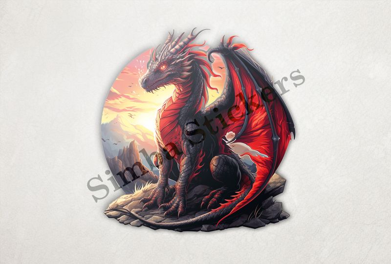 Black and red dragon perching on a high rock in the sunrise